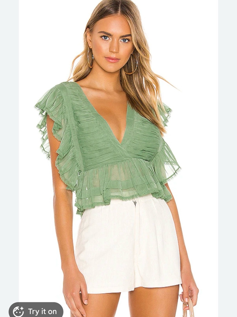 Tularosa Ethereal Sage Mint Green Kaia Ruffle Sheer Top Blouse, Small